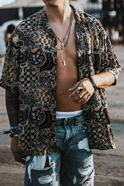 Vintage Tribal Pattern Loose Fit Button 