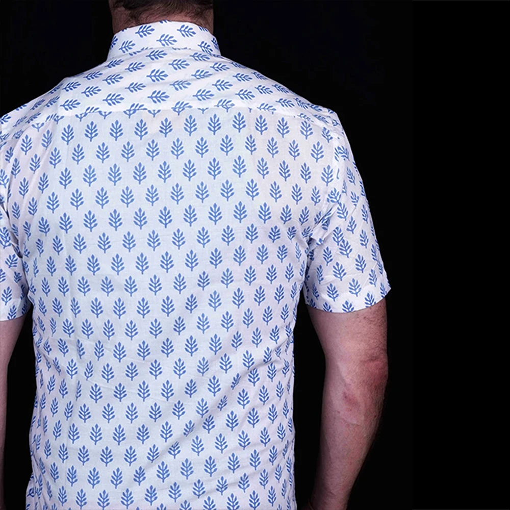 AGUIAR HANDBLOCK PRINTED COTTON SHIRT BLUE