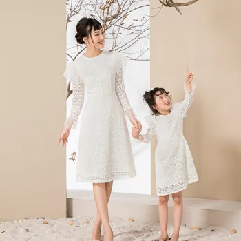 Mommy And Me Lace Long Sleeve Dress Party Mother Daughter Outfits Family Matching Women