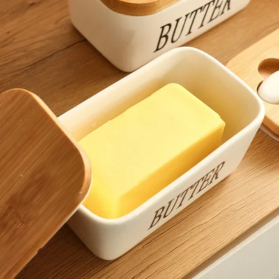 Новый продукт, оптовая продажа, керамическая банка для масла, контейнер с ножом для масла, woden крышка для кухонного хранения