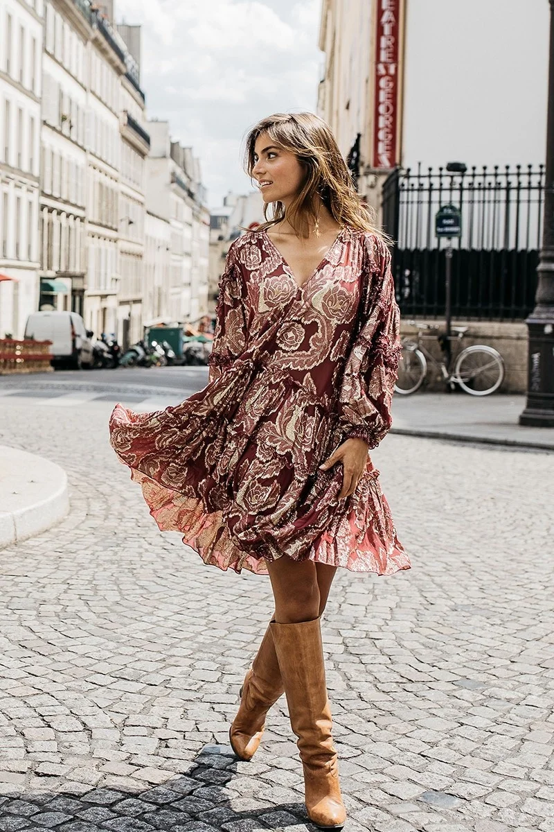 long sleeve short floral dress Floral Fall Mini Dress cream / S