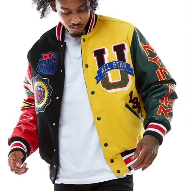 Men's Embroidered Hip Hop Varsity Jacket with Leather Sleeve