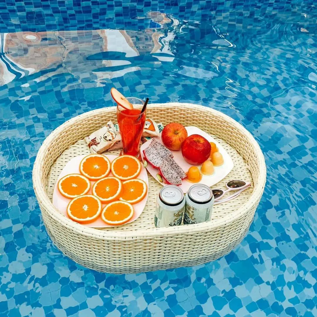 EsEntL Schwimmendes Frühstückstablett Rattan - Pool Tablett Für Parties 10 Zoll