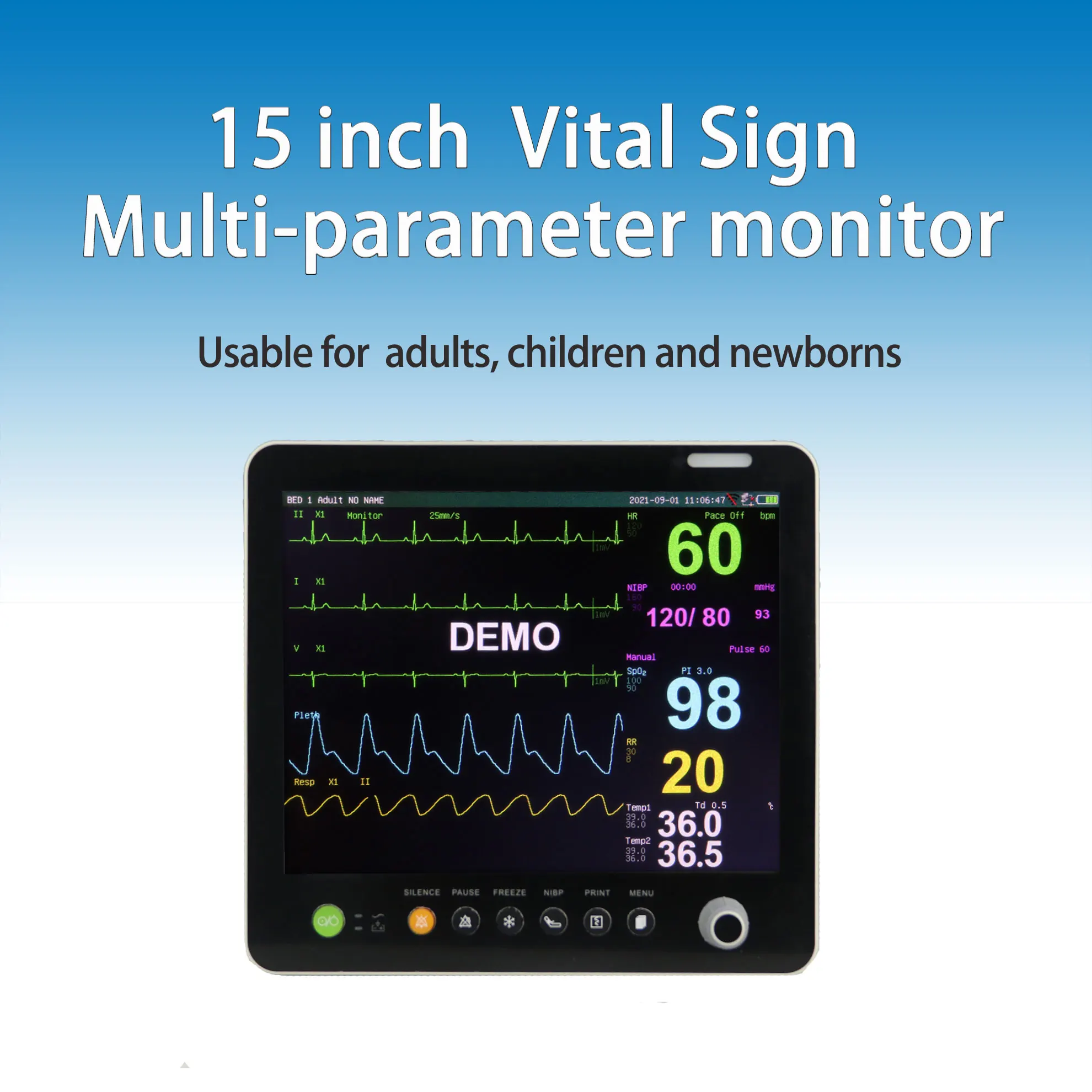 15 Inch Medical Vital Monitor 6 Parameter ICU Patient Monitor PM9000-GTE2 with 2 Years Warranty and Class III Certification