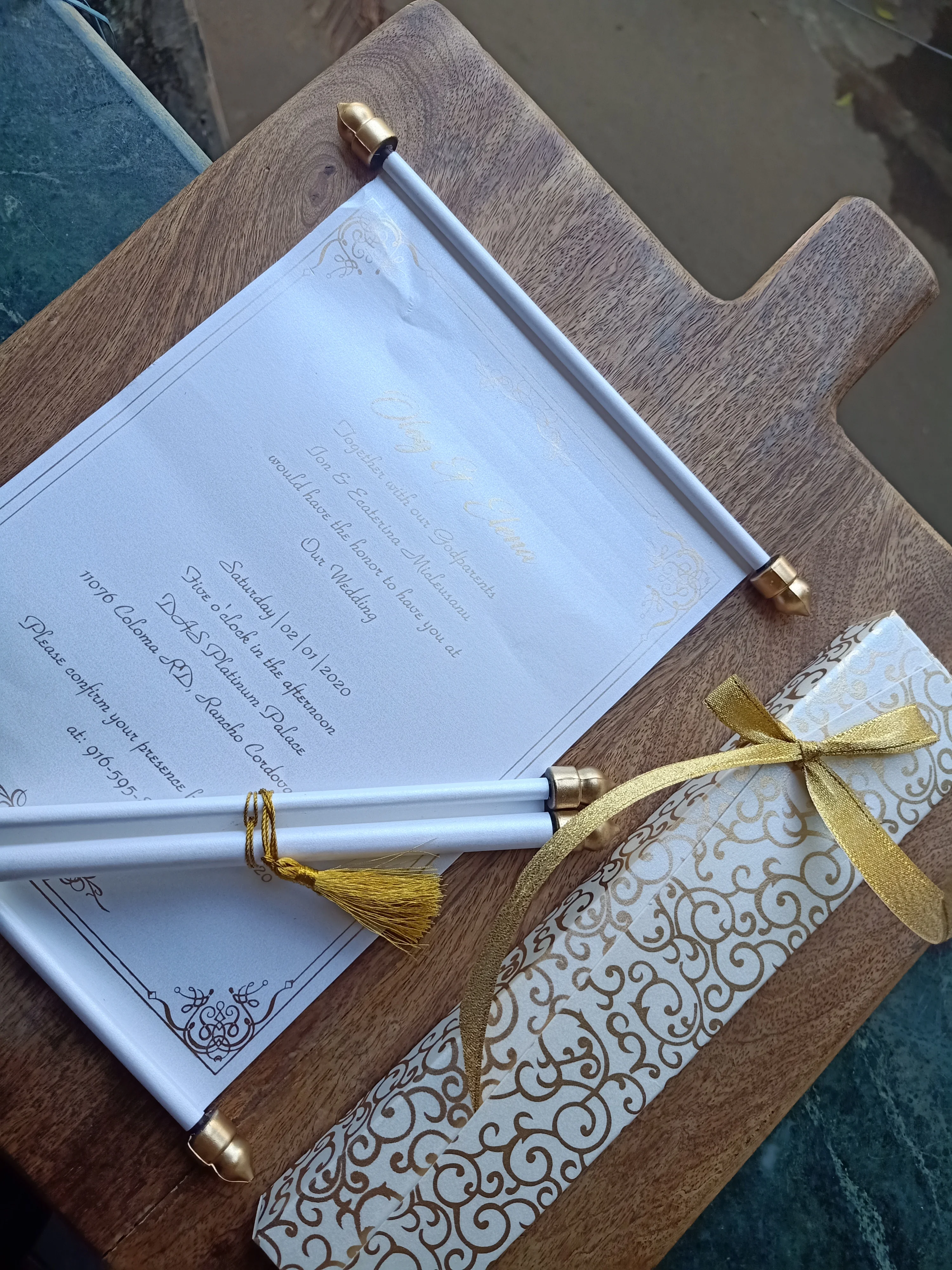 Custom Made Mini Scroll Invites With Foil Stamped Papers Available Blank and Without Print