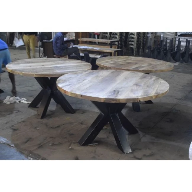 Industrial Metal Double X Leg Dining Table Round Mango Wood Top Buy