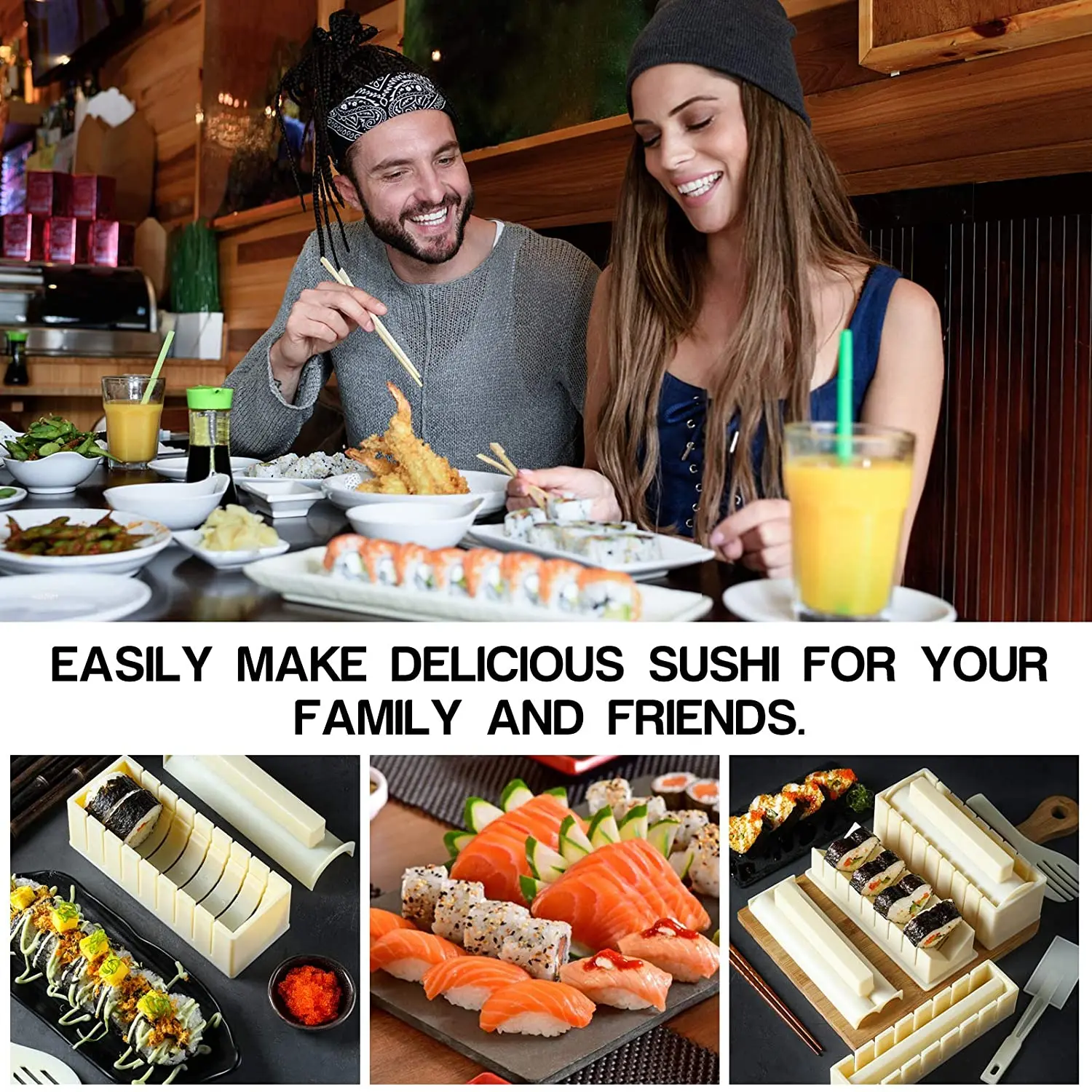 Meidong Sushi Making Kit Deluxe Edition with Complete Sushi Set 10 Pieces Plastic Sushi Maker Tool Complete with 8 Sushi Rice Roll Mold Shapes Fork Spatula
