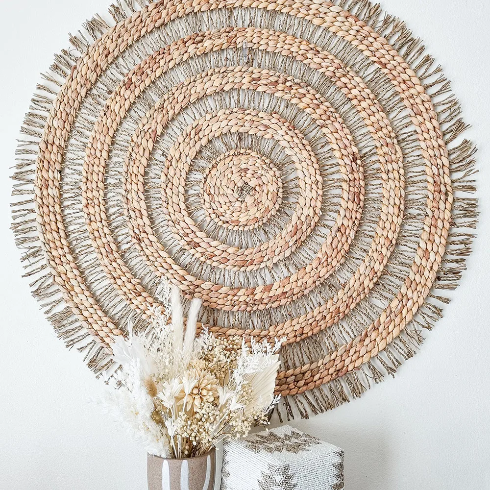 Bali Beige Straw Triple Round Circle Straw Wall Decor 