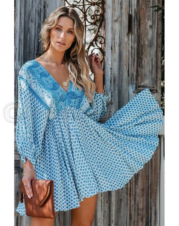 Spring New Product V-Neckline With Yoke Crochet Lace High Waist Short Holiday Beach Party Short Tunic Printed Casual Dresses