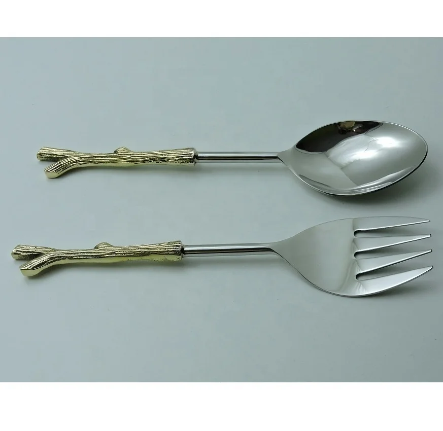 Brass Handle Stainless Steel Salad Server Spoon Set