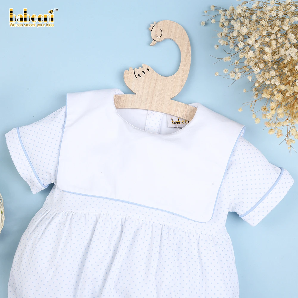 Baby Girls Bubble Sleeveless Baby Blue Dot White Rompers Set OEM ODM Customized Embroidery Snap Button 100% Organic Cotton