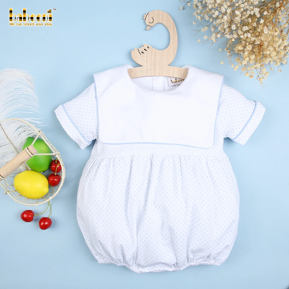 Baby Girls Bubble Sleeveless Baby Blue Dot White Rompers Set OEM ODM Customized Embroidery Snap Button 100% Organic Cotton