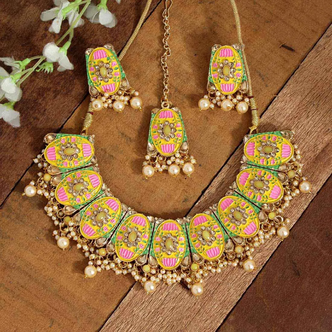Kundan Mint Meena Necklace Set - Buy 