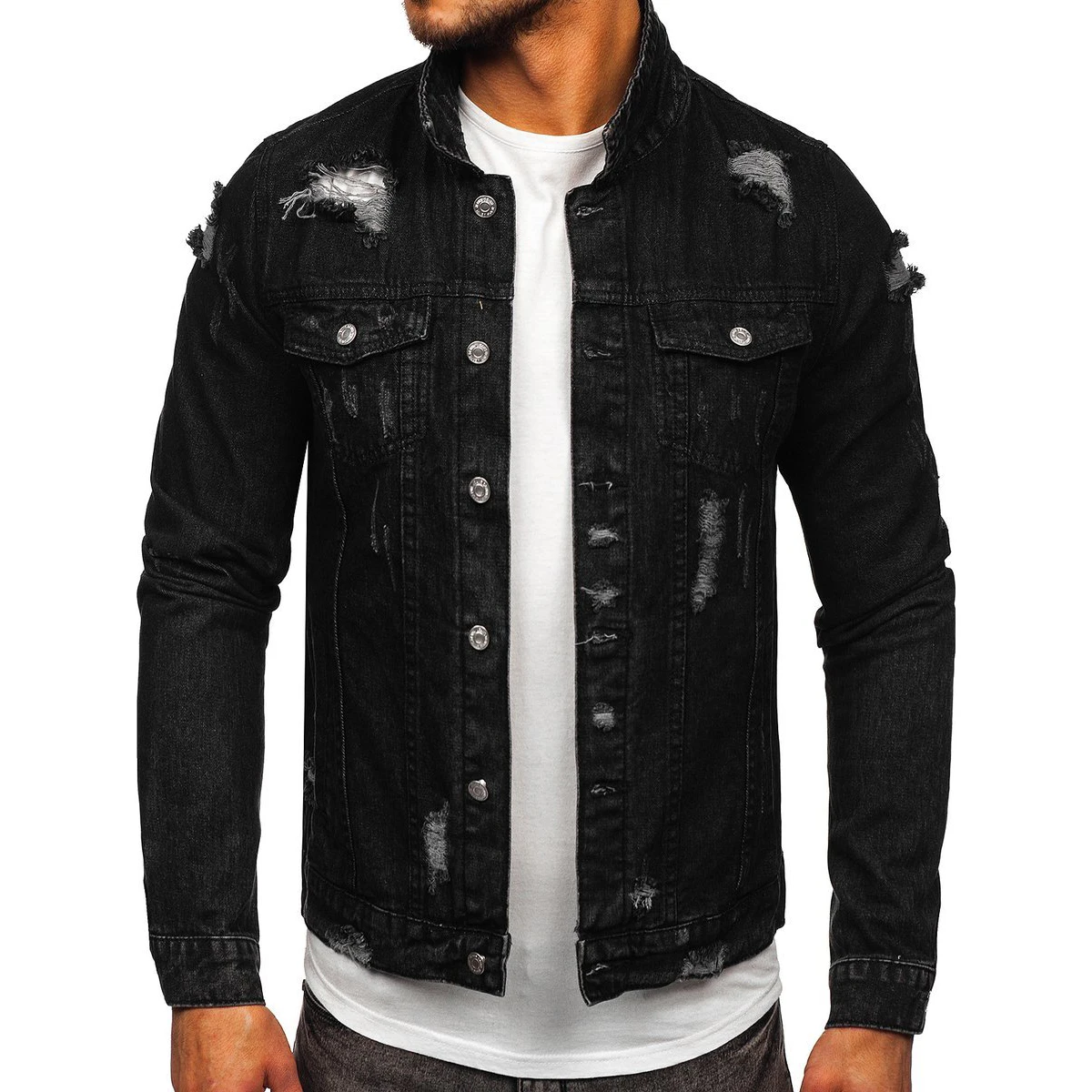 Black Funky Denim Jacket For Men Ripped Biker Jean Jacket Oem - Buy ...