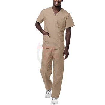V-Neck Tunic Styling Top With Mesh Drawstring Closure Pants Khaki Medical Scrubs For Men Hospital Uniforms For Unisex Uniforms