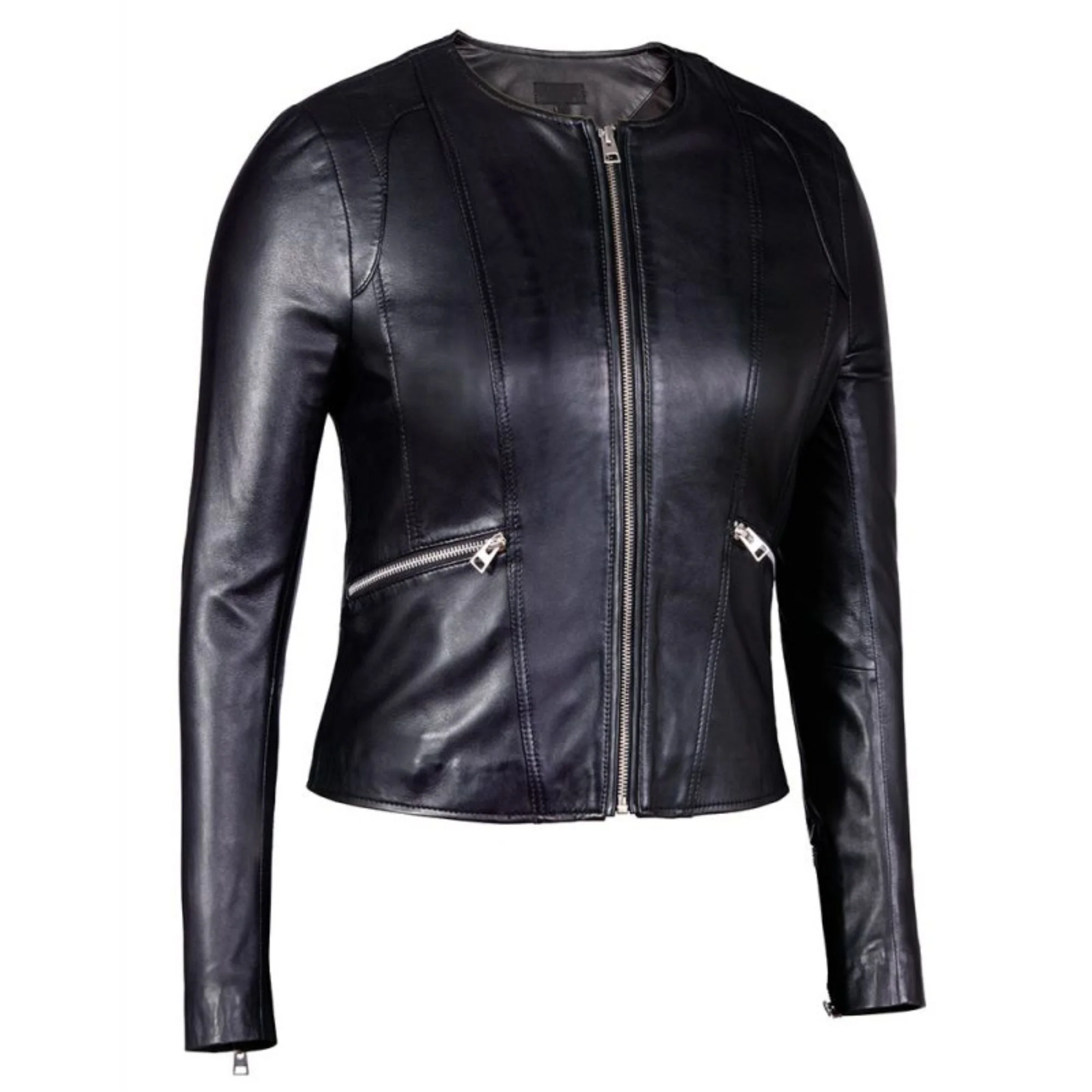 round neck leather jacket