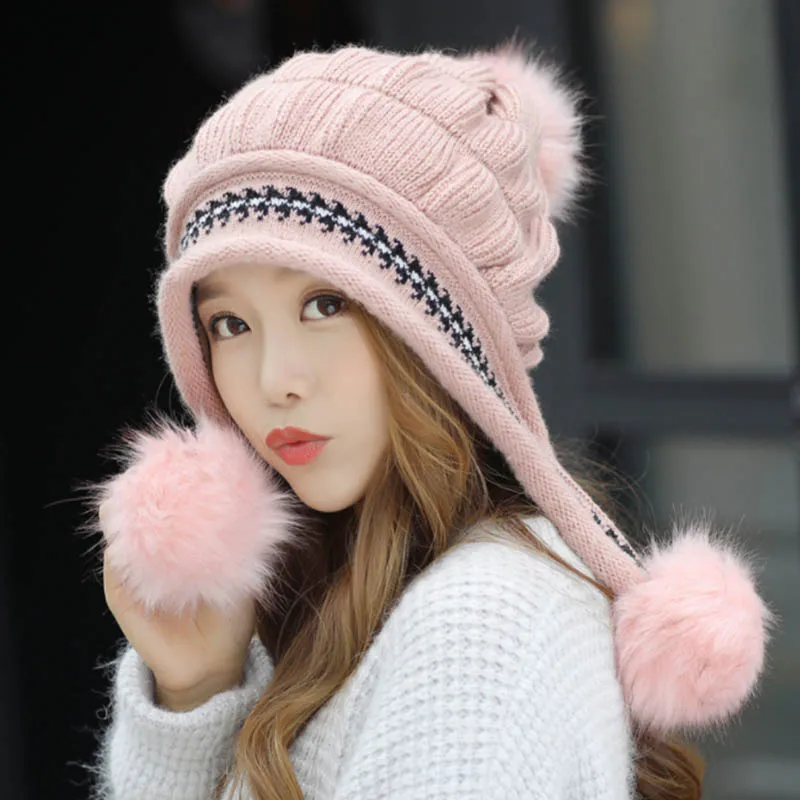 Source Woman Cute Style Winter Hats Cover Ear Ladies Knitted Hat with Fur  Ball Decoration with Gloving Set on m.