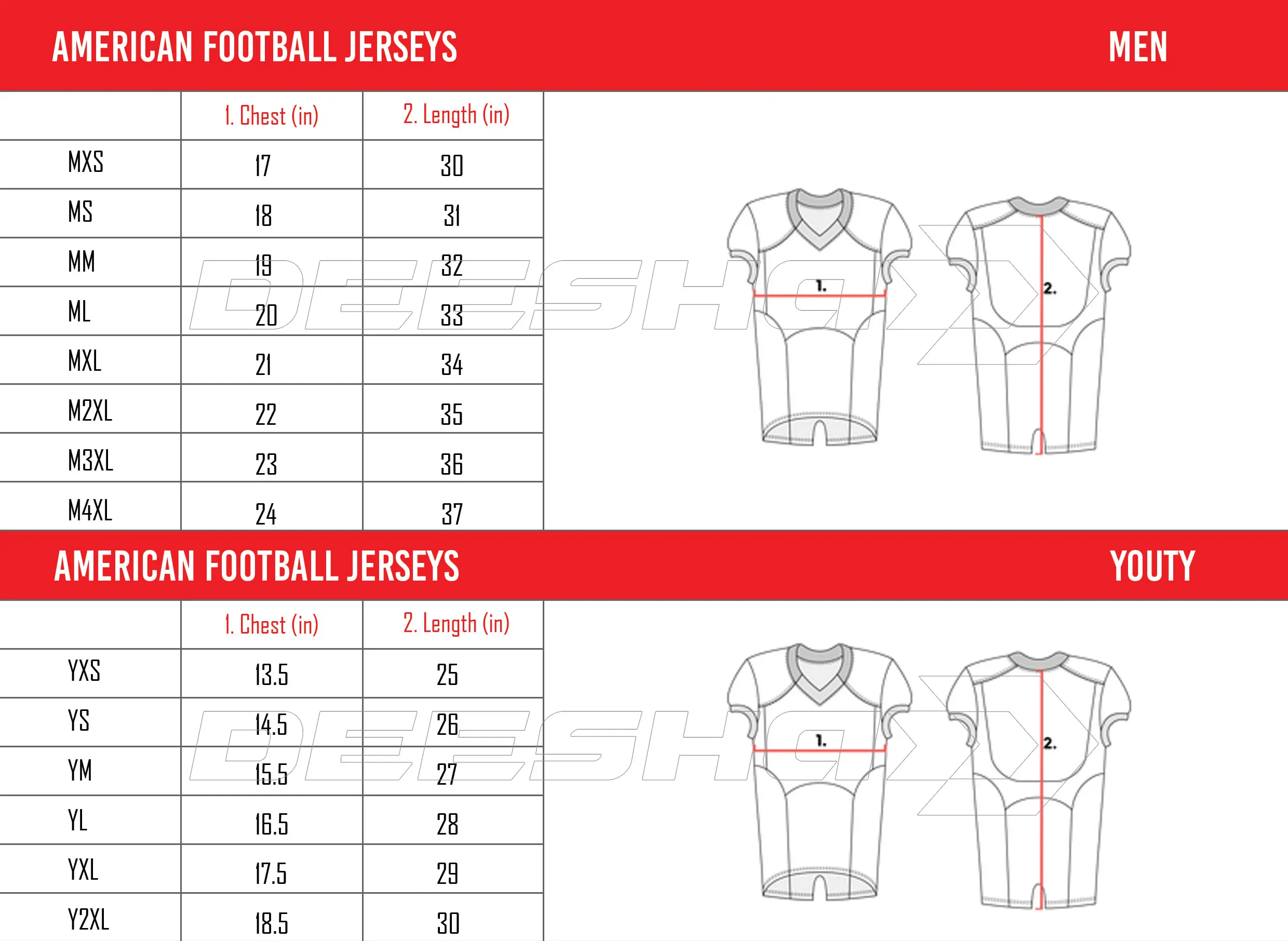 Football Uniform Size Charts, For Custom Football Uniforms