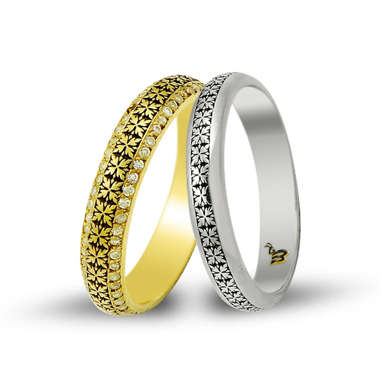 NEW 14K Solid Gold Art Design His Her Wedding Band Custom Engrave Set Leaf Ring Bridal Rings Wholesale From