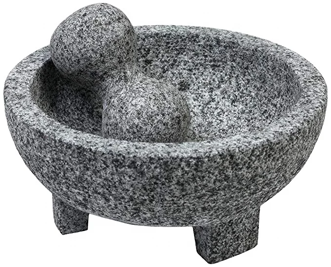 Granite Mortar and Pestle Set - Molcajete Guacamole Bowl with Polished Exterior