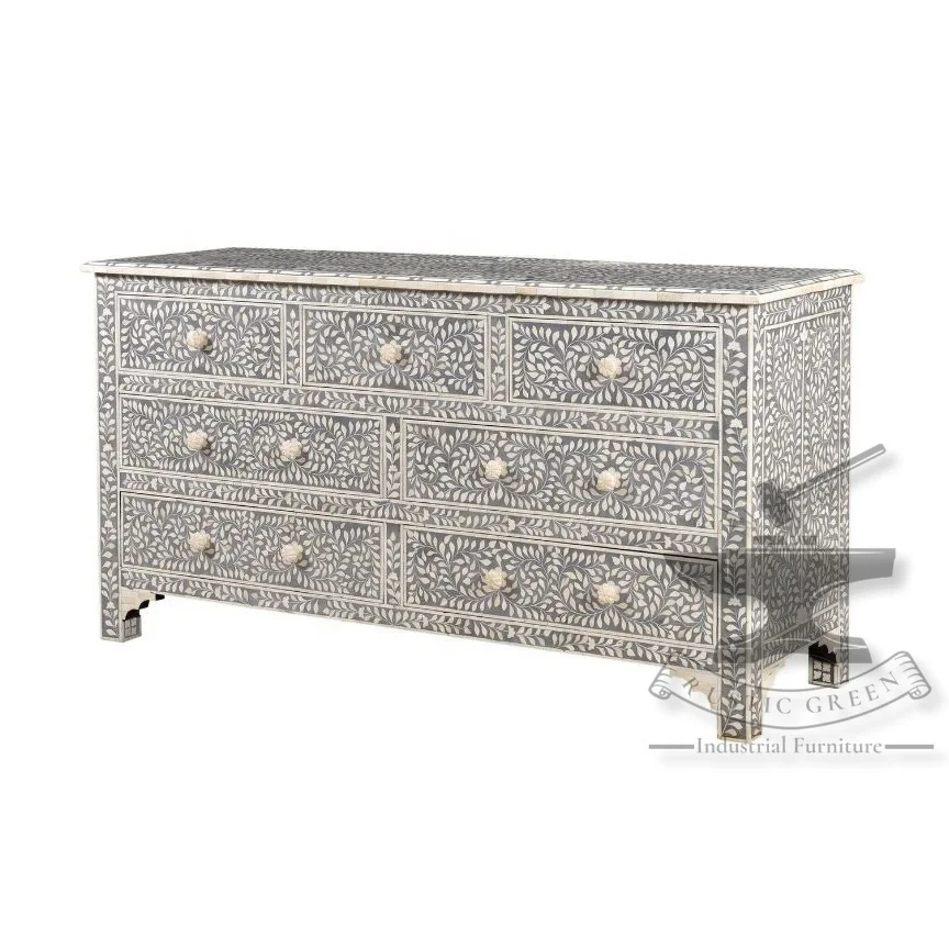 Large Bone & Inlay Chest of Drawers Grey and White color