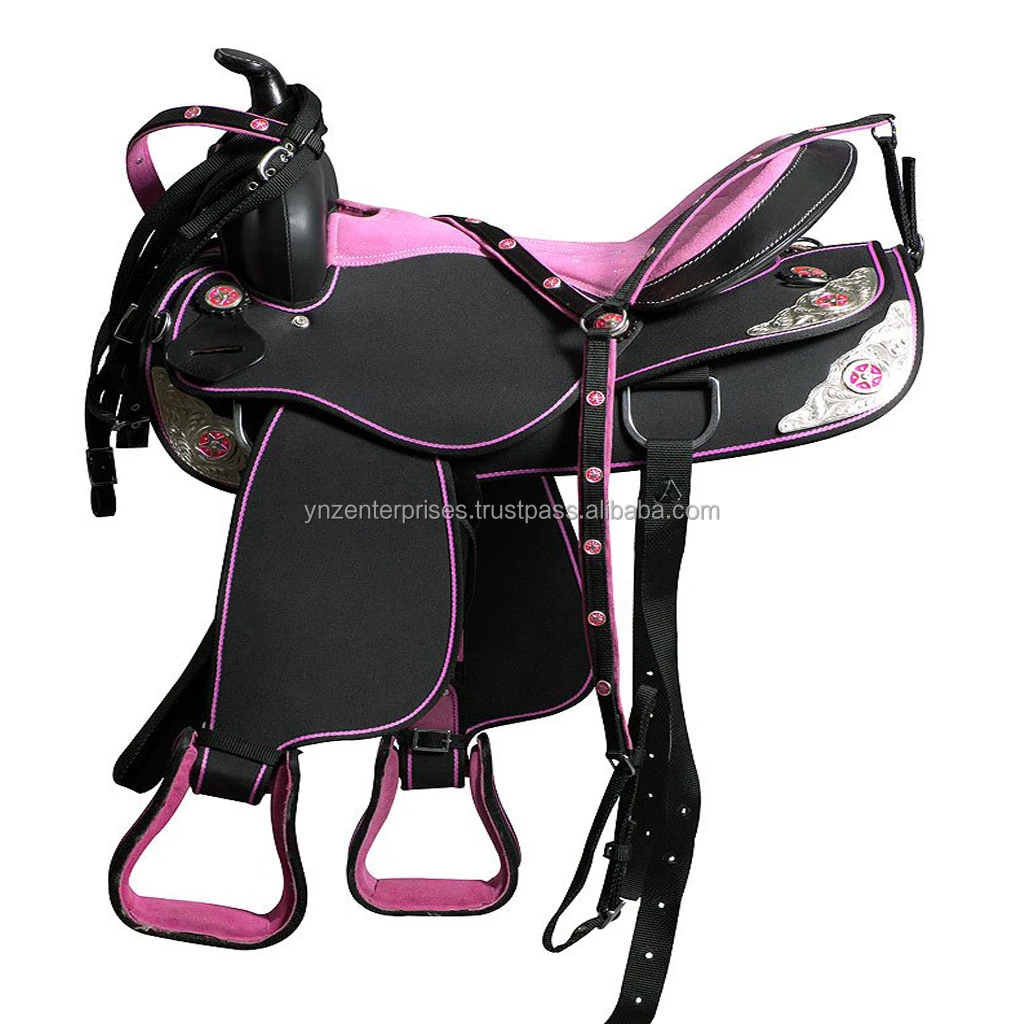 26 Girth-4 pc pkg 4 Lt Wt Syn Irons 48 Leathers 4 H Club Trail Training BROWN Saddle with PINK Accents-Saddle 13 14 15 Lead line