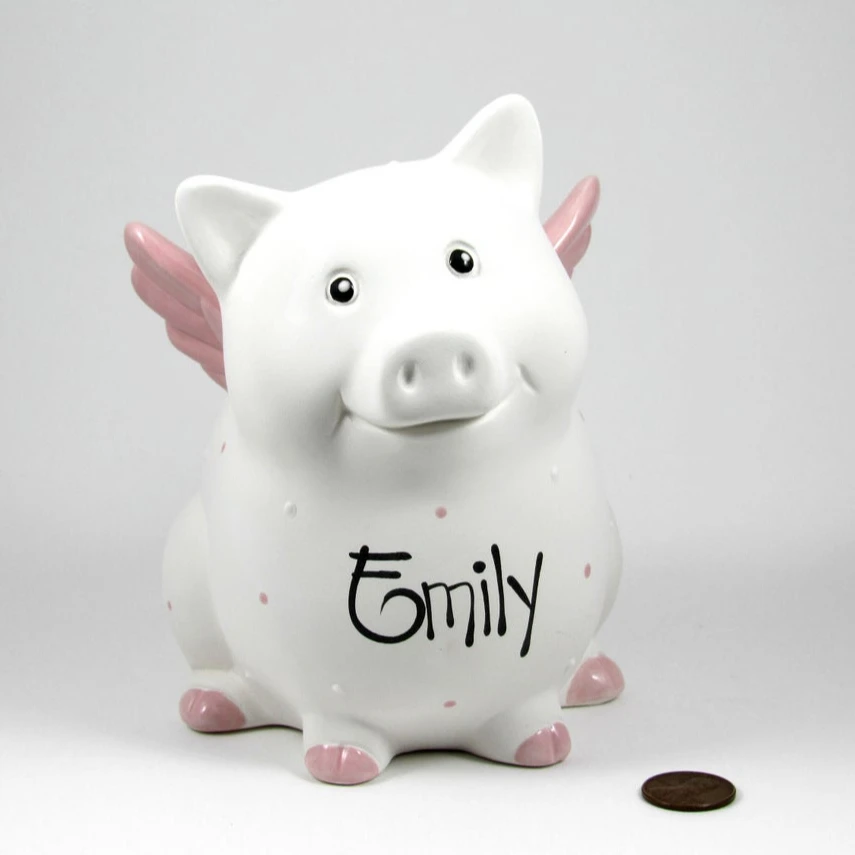 Adorable Piggy Bank in Pink Ceramic Coin Storing Piggy Bank with Wings Birthday Cake Topper for Girls
