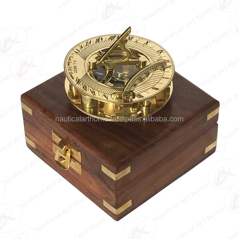 Antique Nautical brass 3" Sundial compass Collectible gift item With Wood Box 
