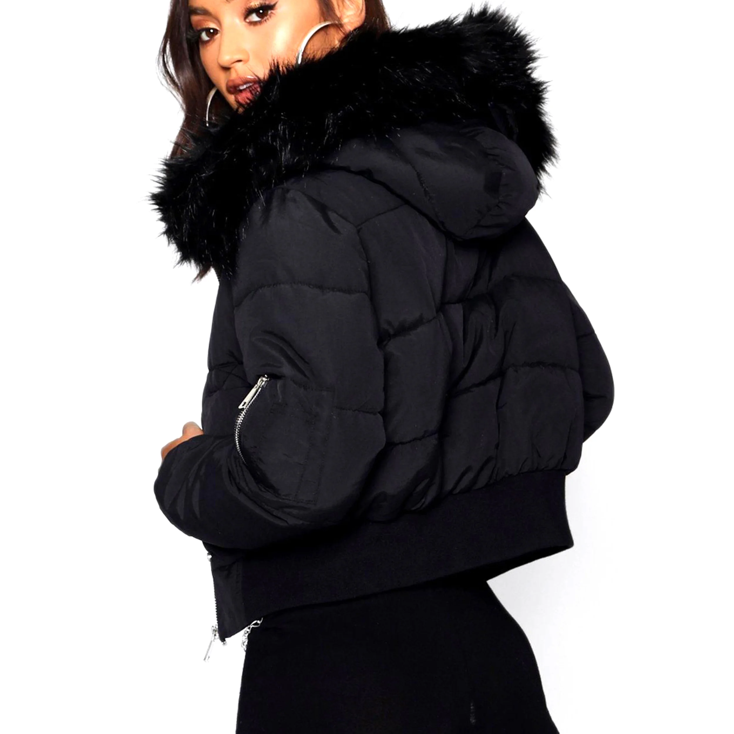 Women Winter Petite Luxe Faux Fur Hood Sporty Cropped Coat Puffer Jackets For Women 2021 Alibaba