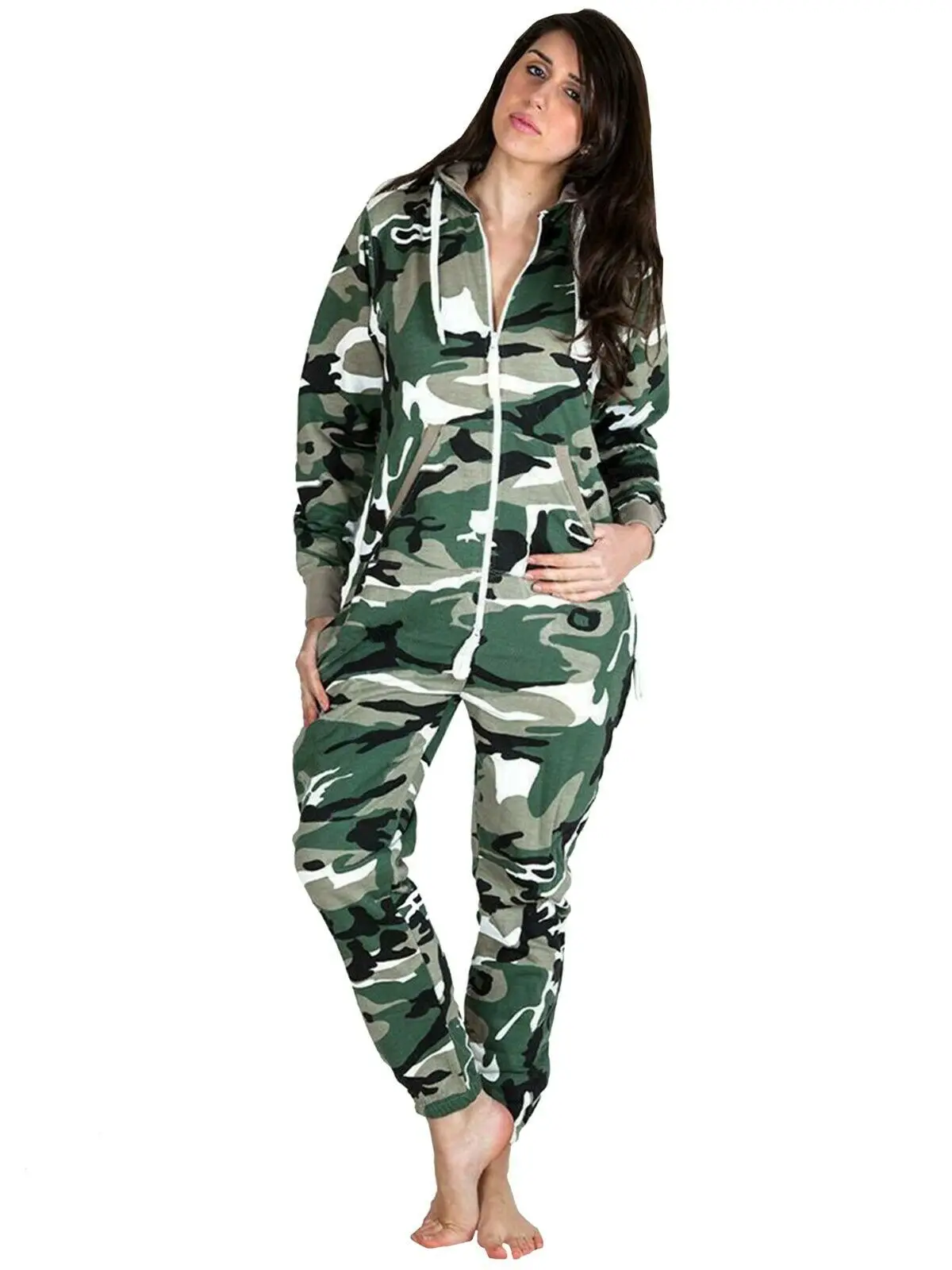 Mens Womens Camouflage Sweatsuit All in One Hooded Jumpsuit Nightwear Pajama Plus Size Ladies Tracksuits