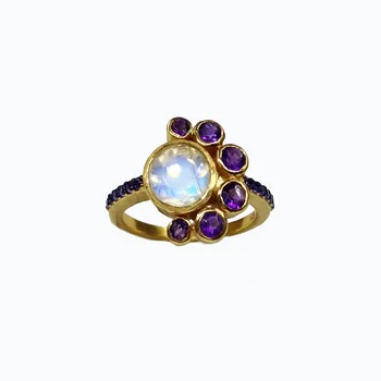 Sterling Silver 925 Fashionable and Pure Gold Plated Amethyst and White Rainbow Precious Moonstone Flower Rings Trendy Rings