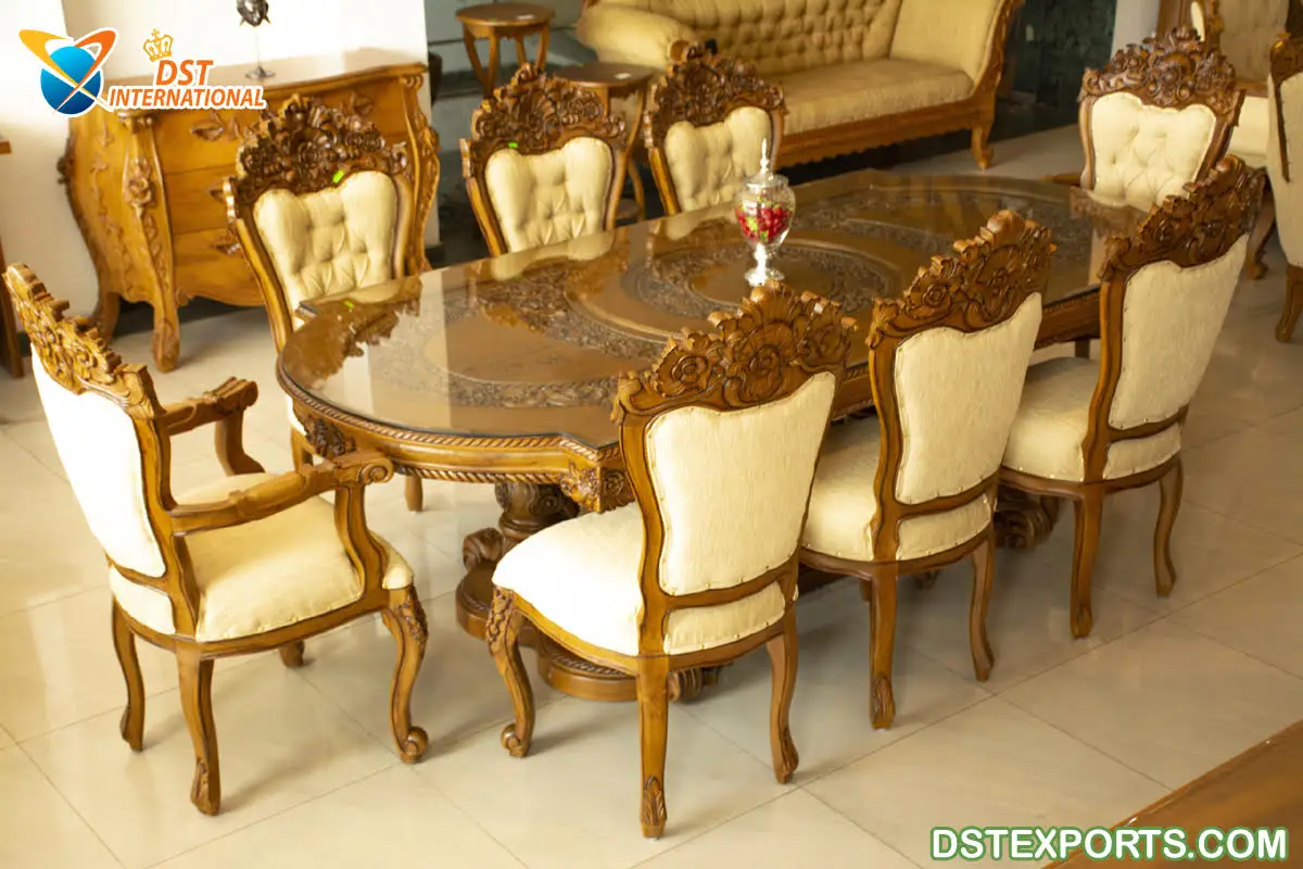 teak wood carved dining table set