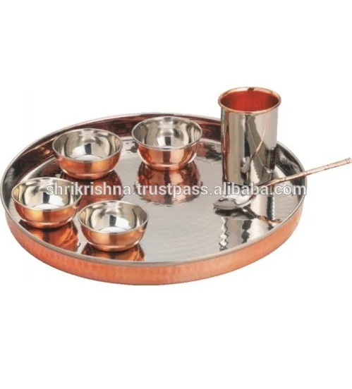 Plat De Service Indien En Cuivre Et Inox - Fabrication Artisanale - Doré Rond - Les Trésors De L'Inde