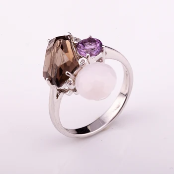 rhodium plate silver 925 ring with natural gemstone pink opal amethyst white topaz and smoky quartz factory price