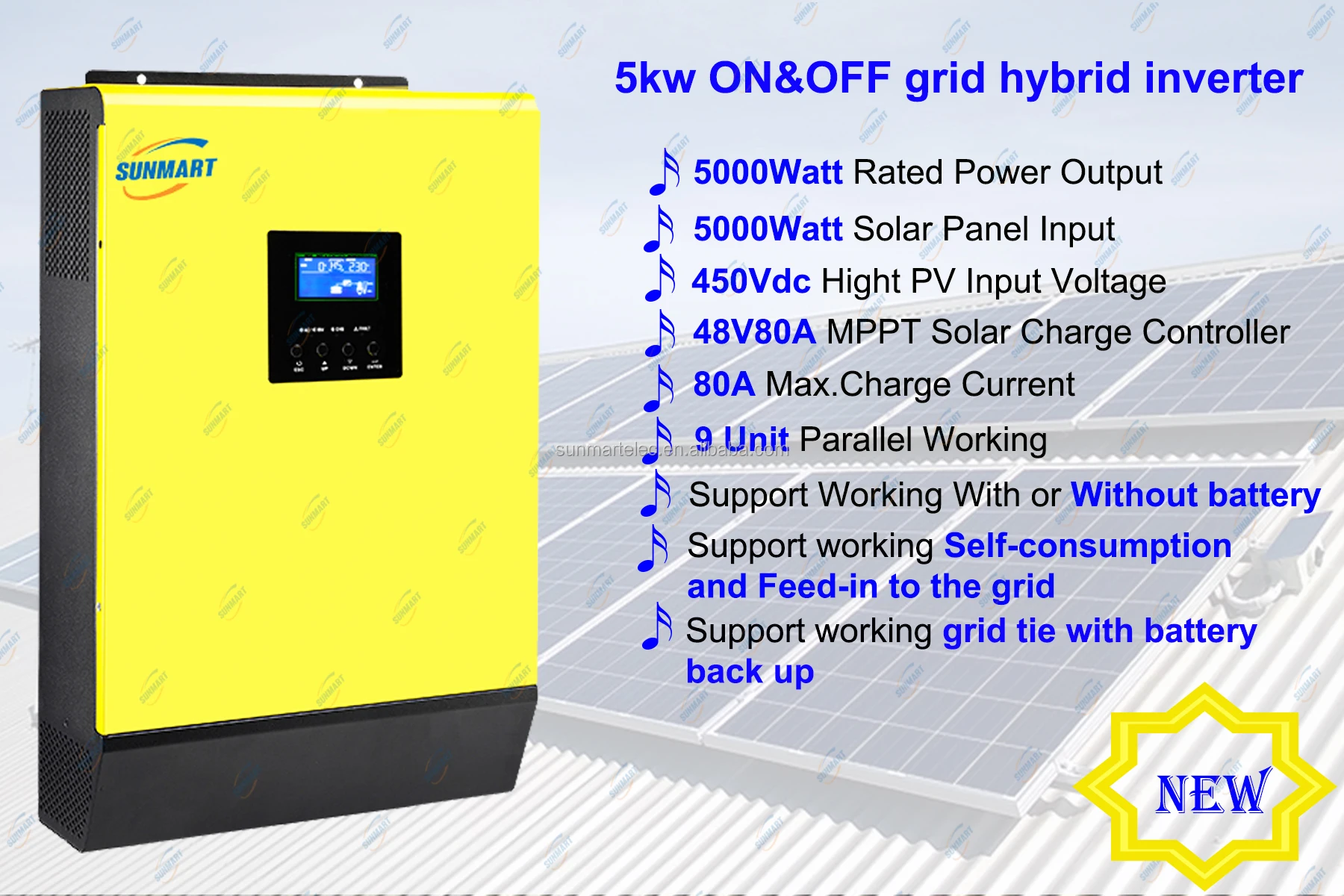 SUNMART Power on Grid Off Grid 5KW 450Vdc Hybrid 5Kva 80A 48 Volt Sun Solar Systems Inverter