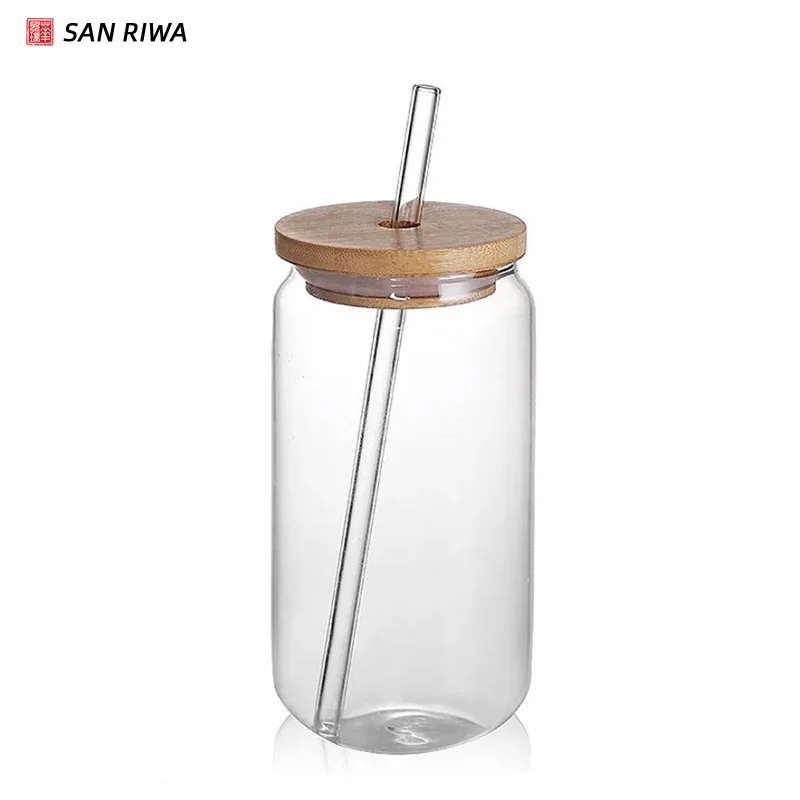 Sumind 8 Pcs 16 oz Ice Coffee Cup with Glass Straw and Bamboo Lid, Boho  Design Beer Can Shaped Glass Cup Cute Mason Jar Drinking Glasses for