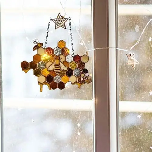 Bee Honeycomb Stained Glass window suncatcher / decorative hanger