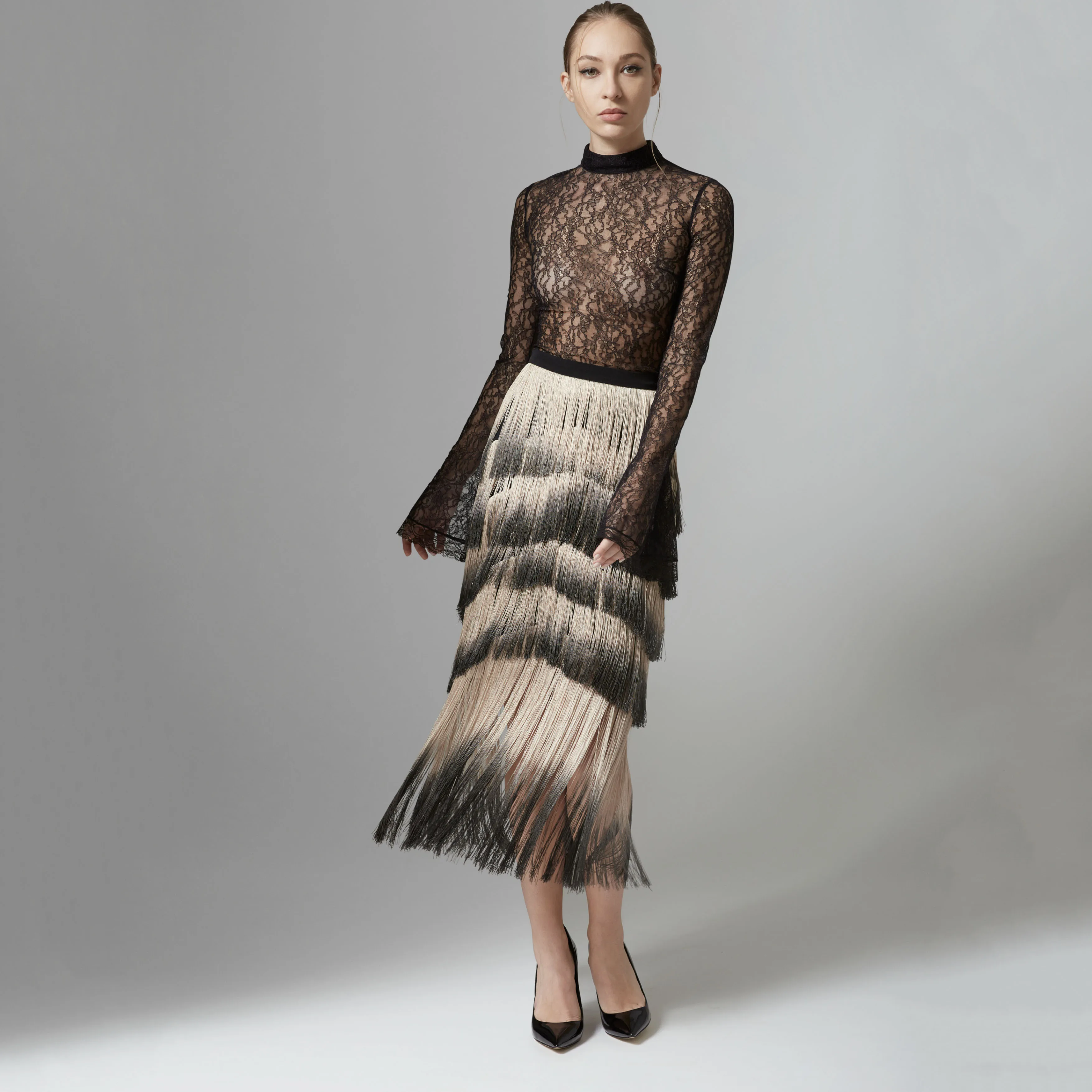 Straight Skirt with Hand-Shaded Fringes Embroidery