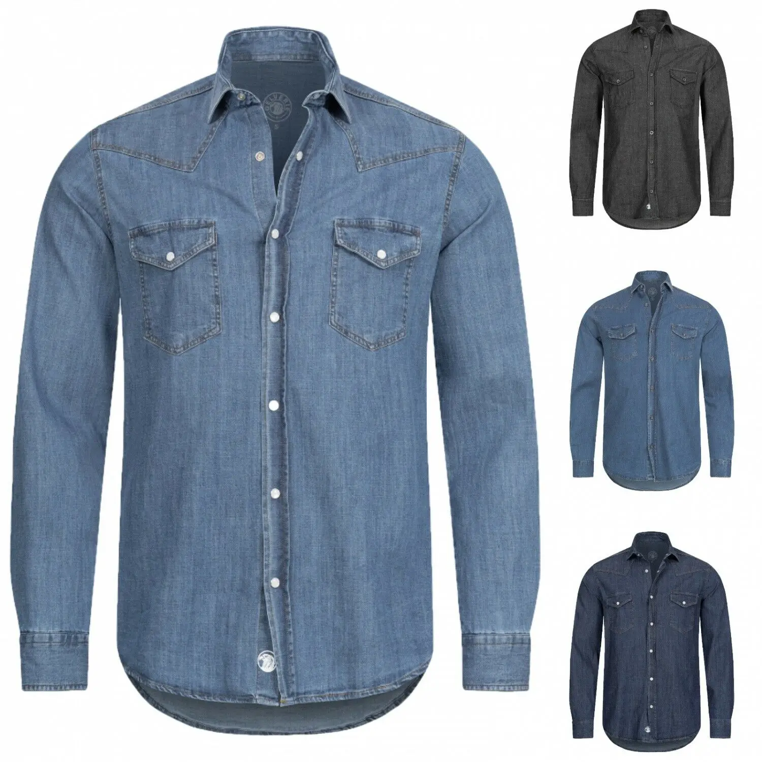 Customized Mens Denim Shirt Long Sleeve Chest Pocket Contrast Cotton