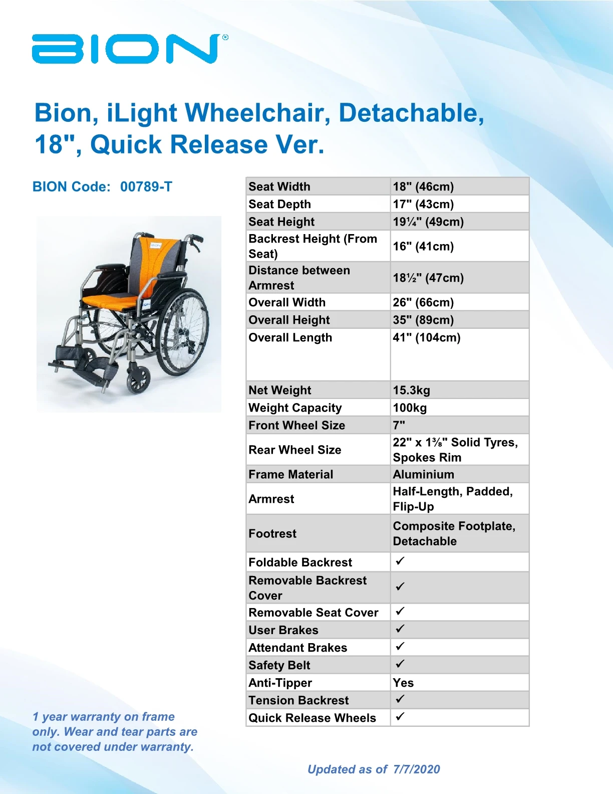 Bion Ilight Wheelchair Detachable 18'' Seat With Tension Back Quick