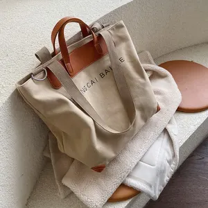 Drawstring Large Plain Cotton Canvas Shoulder Tote Bag with Leather Handle
