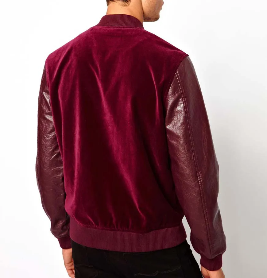 Mens Varsity Velvet Quilted Leather Sleeve Red Jacket 