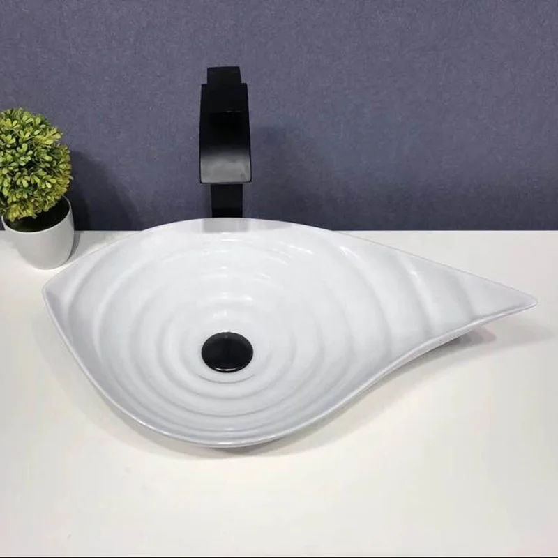 American Luxury Modern Style Ceramic Cone Shaped Bathroom Countertop Sinks Solid Surface Stand Alone with Drainer for Hotels
