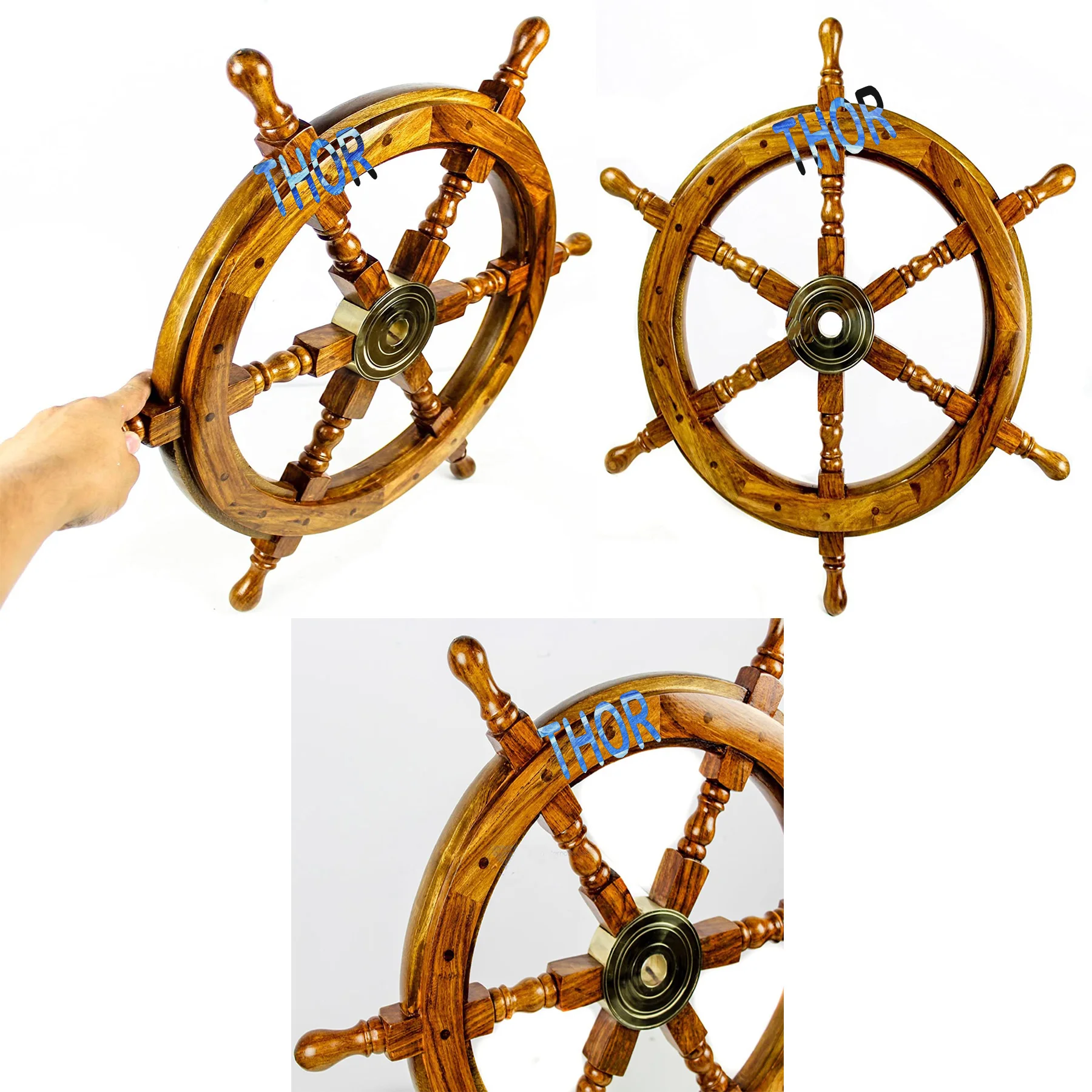 Nautical Wooden Ship Steering Wheel Pirate Decor Wood Brass Fishing Wall Boat 