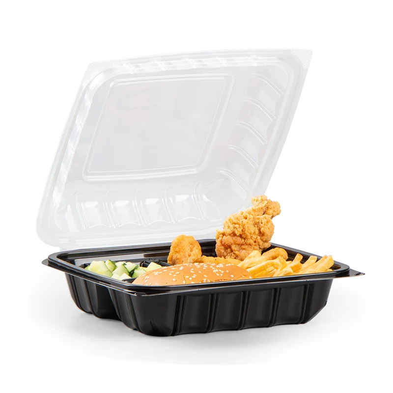 PP Two Color Black Bottom Hinged Clear Top Togo 9.23x9.23 Roast Chicken 1 Compartment Food Packaging Container Takeout Boxes
