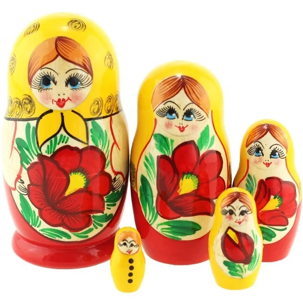 5 pcs Yellow and Red Azhna Classic Style Nesting Doll