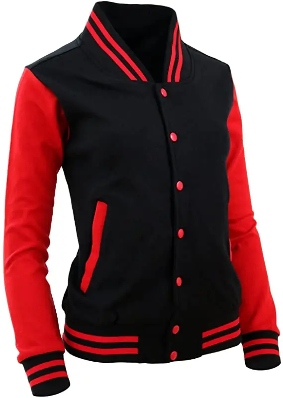 Giacche college da donna rosse con maniche in pelle nera giubbotto