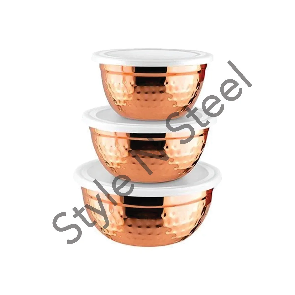 Stainless Steel Step Hammered Bowl With Plastic Lid Set Of 3 Mixing