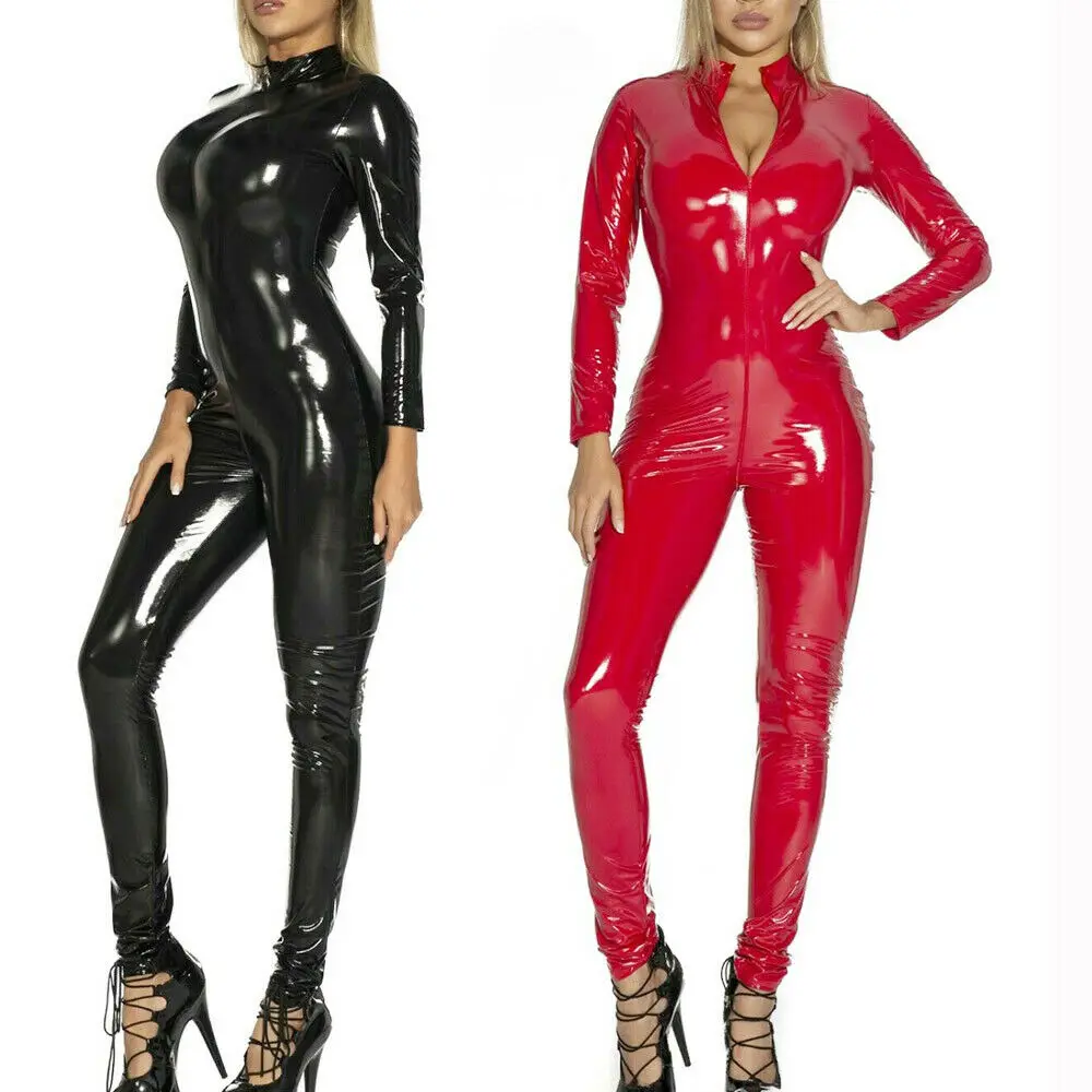 Sexy Club Faux Leather Women Red Bodysuit Catsuit