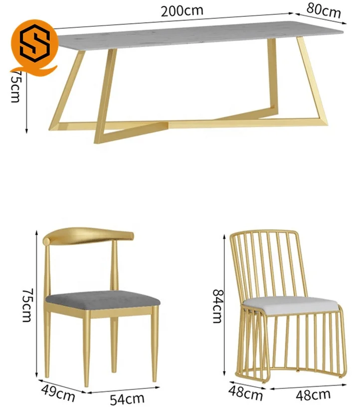 Luxury Metal White Dining Room Furniture Marble square Restaurant Gold Dining Tables and Chairs Set
